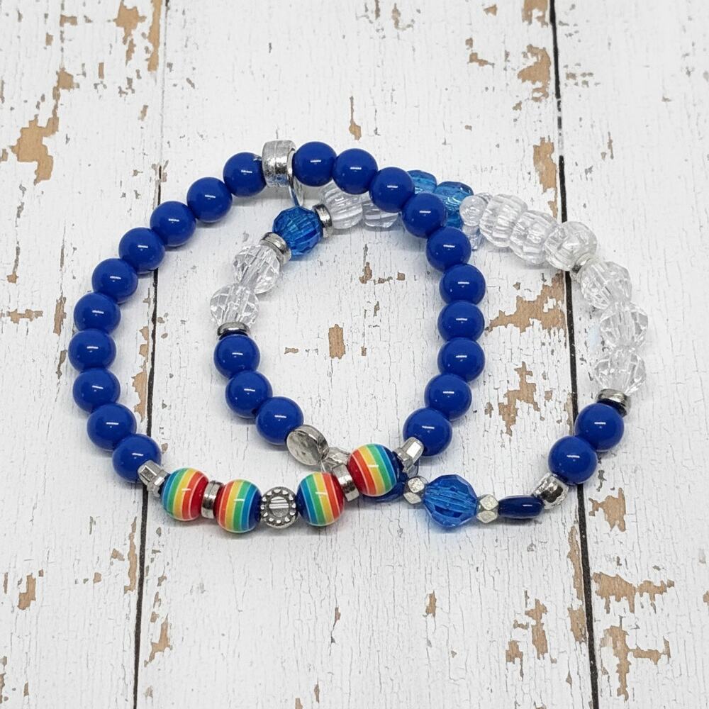 Rainbow Blue Friendship Bracelet Set Colorful Beaded Stretch Handmade Jewelry